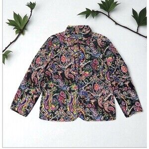 Koret Jacket Women’s M Quilted Silk Black Floral Paisley Print Lined Boho Chic